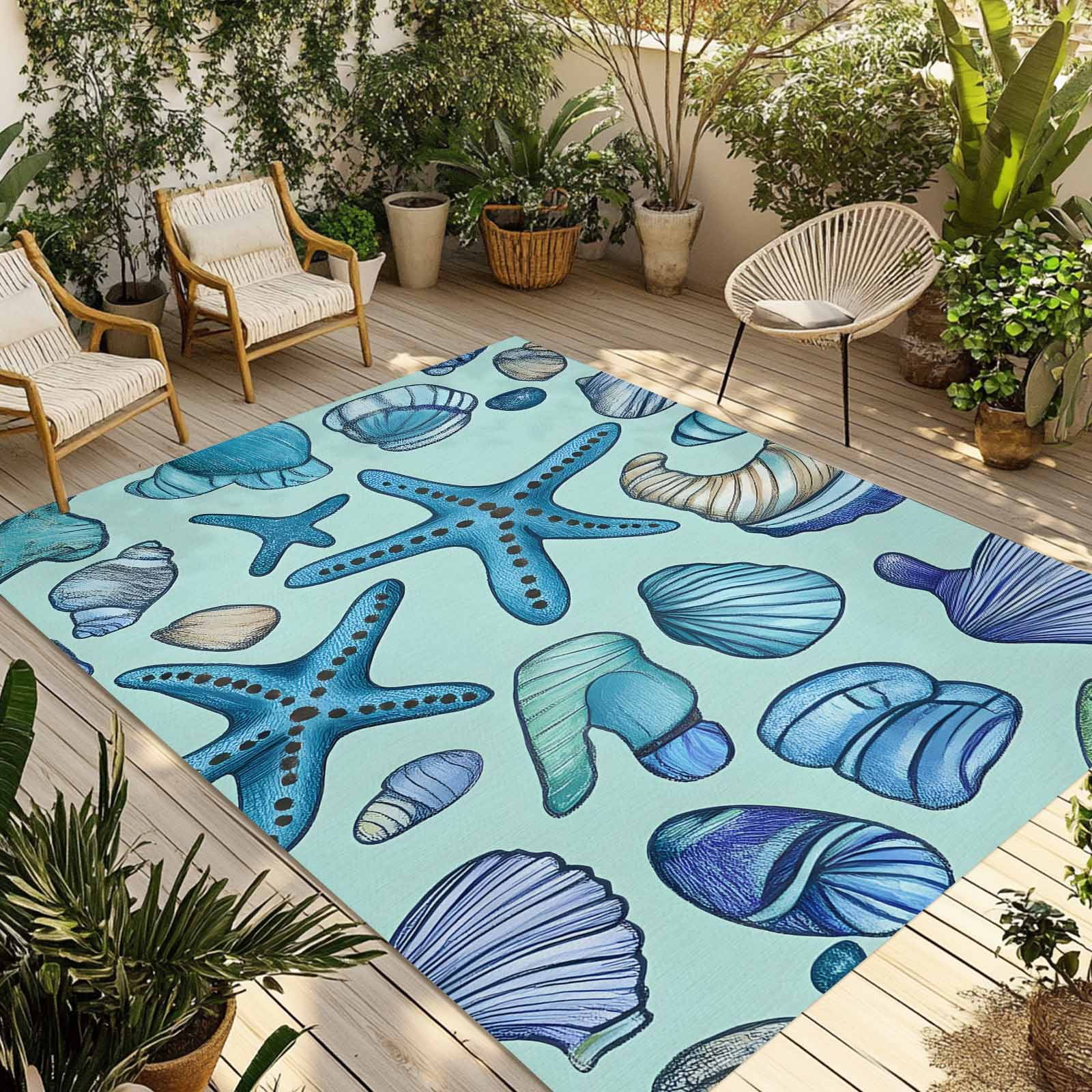 Fsddascl Blue Starfish Coastal Outdoor Rug for Patio/Deck/Porch, Non ...