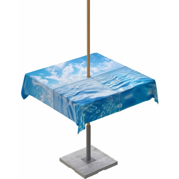 Fsddascl Blue Summer Beach Outdoor Tablecloth - 54x54 Inch Square Dining Table Cover, Seaside Ocean Coastal Nautical Waterproof Outdoor Table Cloth with Umbrella Hole & Zipper for Picnic/Patio/Party