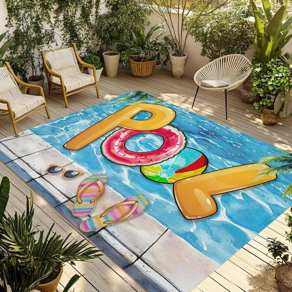 Fsddascl Blue Summer Pool Outdoor Rug for Patio/Deck/Porch, Non-Slip Large Area Rug 4 x 6 Ft, Watermelon Swimming Ring Slippers Indoor Outdoor Rugs Washable Area Rugs, Reversible Camping Rug Carpet