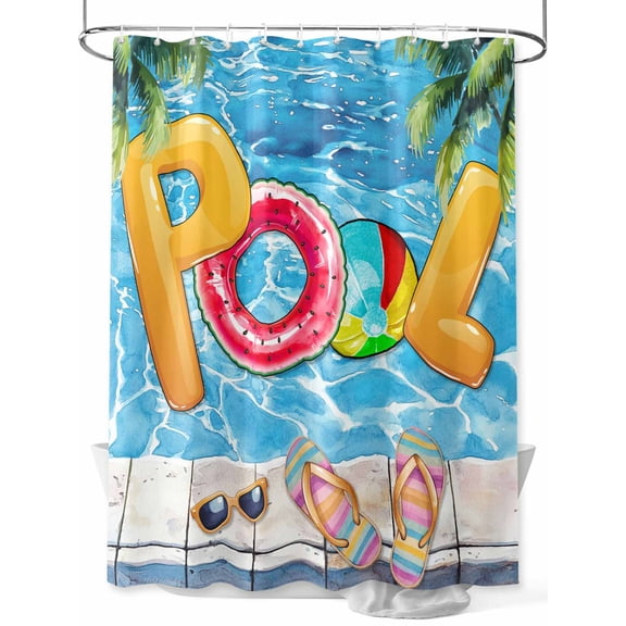Fsddascl Blue Summer Pool Shower Curtain Set - 36" x 78" Washable Bathtub Curtain with 12 Hooks, Watermelon Swimming Ring Slippers Waterproof Fabric Stall Shower Curtains for Bathroom/Bathtub Décor