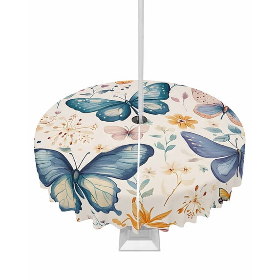 Fsddascl Blue Teal Butterfly Outdoor Tablecloth - 54 Inch Round Dining Table Cover, Colorful Spring Summer Butterfly Waterproof Outdoor Table Cloth with Umbrella Hole & Zipper for Picnic/Patio/Party