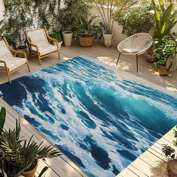 Fsddascl Blue Teal Coastal Outdoor Rug for Patio/Deck/Porch, Non-Slip Large Area Rug 4 x 6 Ft, Sea Nautical Ocean Summer Beach Indoor Outdoor Rugs Washable Area Rugs, Reversible Camping Rug Carpet