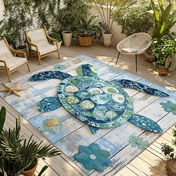 Fsddascl Blue Teal Coastal Outdoor Rug for Patio/Deck/Porch, Non-Slip Large Area Rug 5 x 8 Ft, Summer Beach Starfish Sea Turtle Indoor Outdoor Rugs Washable Area Rugs, Reversible Camping Rug Carpet