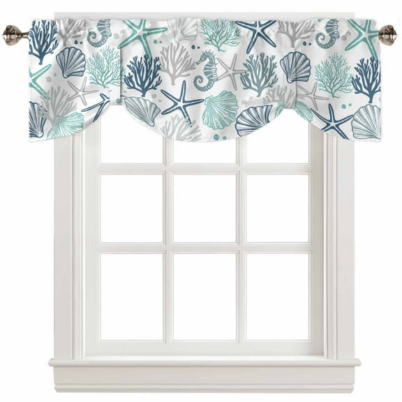 Fsddascl Blue Teal Coastal Tie Up Valance Curtains for Windows, Kitchen Curtains Window Treatments, Summer Beach Starfish Coral Nautical Short Window Shades Valances for Bedroom Bathroom Cafe 42"x12"