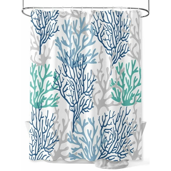 Fsddascl Blue Teal Grey Coral Coastal Shower Curtain Set - 60" x 72" Washable Bathtub Curtain with 12 Hooks, Summer Beach Nautical Ocean Waterproof Fabric Stall Shower Curtains for Bathroom/Bathtub