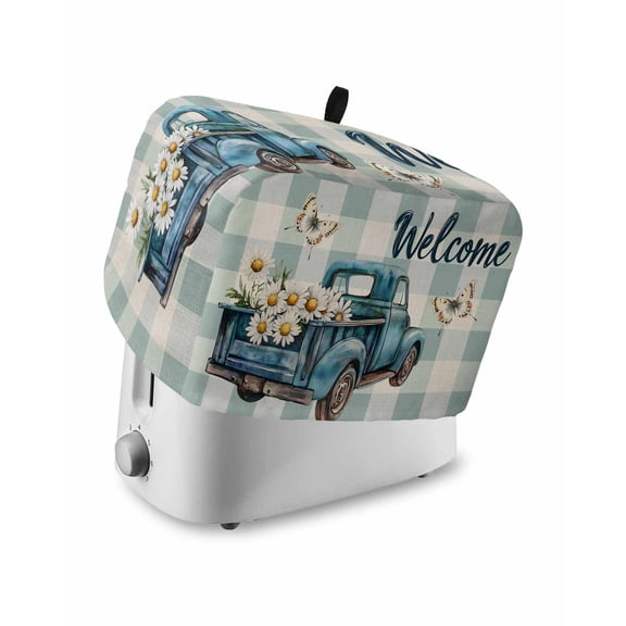 Fsddascl Blue Truck Spring Floral Toaster Cover 4 Slice, Large Kitchen Appliance Covers, Teal Plaid Butterflies Vintage Toaster Oven Cover with Loop, Bread Machine Cover Polyester Dust Cover