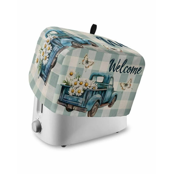 Fsddascl Blue Truck Spring Floral Toaster Cover 4 Slice, Large Kitchen Appliance Covers, Teal Plaid Butterflies Vintage Toaster Oven Cover with Loop, Bread Machine Cover Polyester Dust Cover