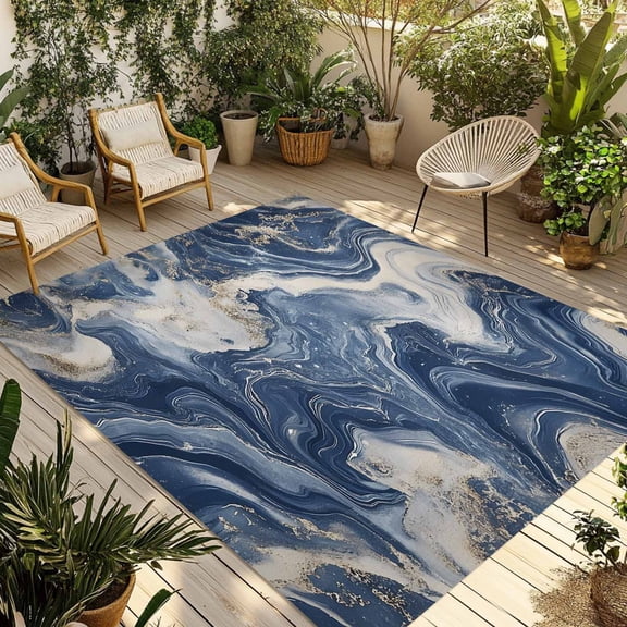 Fsddascl Blue White Marble Outdoor Rug for Patio/Deck/Porch, Non-Slip Large Area Rug 4 x 6 Ft, Nature Stone Abstract Indoor Outdoor Rugs Washable Area Rugs, Reversible Camping Rug Carpet Runner