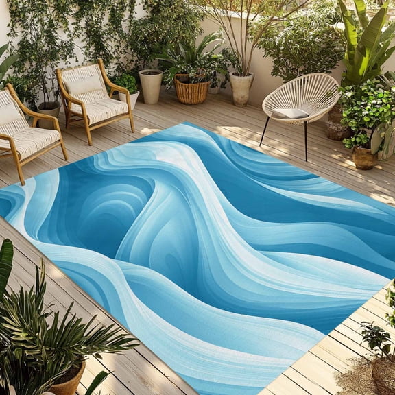 Fsddascl Blue White Ombre Outdoor Rug for Patio/Deck/Porch, Non-Slip Large Area Rug 4 x 6 Ft, Modern Abstract Art Moire Indoor Outdoor Rugs Washable Area Rugs, Reversible Camping Rug Carpet Runner