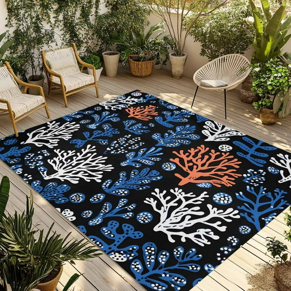 Fsddascl Blue White Red Coral Outdoor Rug for Patio/Deck/Porch, Non-Slip Large Area Rug 4 x 6 Ft, Summer Coastal Ocean Indoor Outdoor Rugs Washable Area Rugs, Reversible Camping Rug Carpet Runner