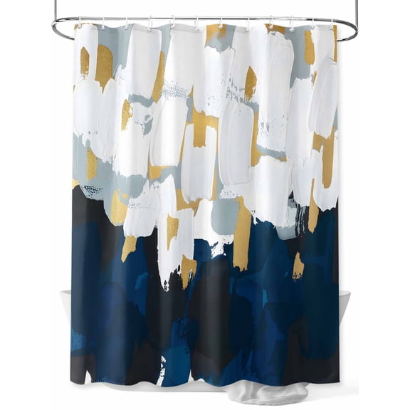 Fsddascl Blue White Shower Curtain Set - Extra Long 72" x 96" Washable Bathtub Curtain with 12 Hooks, Gold Graffiti Painting Art Retro Country Waterproof Fabric Stall Shower Curtains for Bathroom