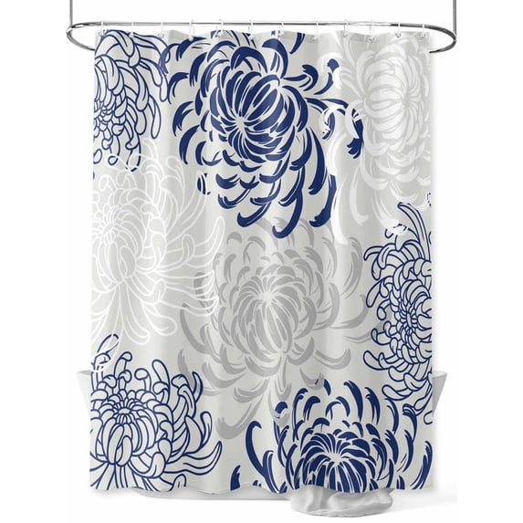 Fsddascl Blue White Shower Curtain Set - Standard 72" x 72" Washable Bathtub Curtain with 12 Hooks, Abstract Grey Chrysanthemum Flower Floral Waterproof Fabric Stall Shower Curtains for Bathroom