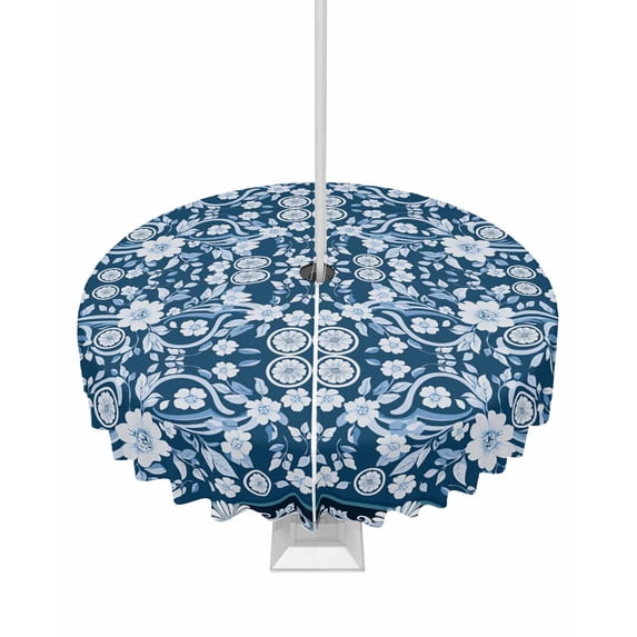 Fsddascl Blue White White Flowers Outdoor Tablecloth - 60 Inch Round Dining Table Cover, Rustic Vintage Botanical Leaves Waterproof Outdoor Table Cloth with Umbrella Hole & Zipper for Picnic/Patio