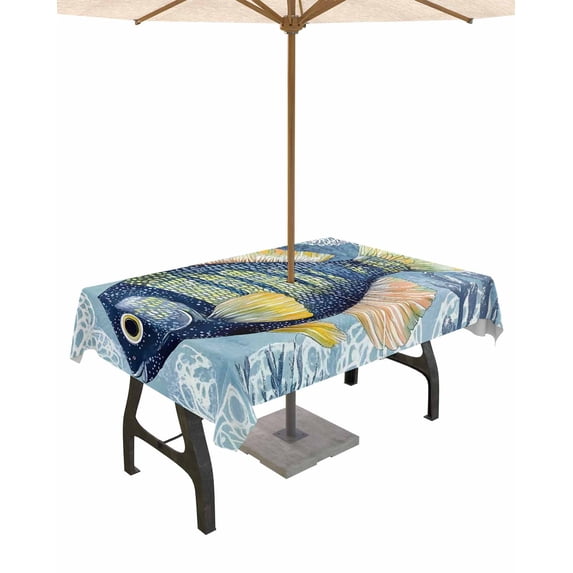 Fsddascl Blue Yellow Fish Outdoor Tablecloth - 60x120 Inch Rectangle Dining Table Cover, Summer Ocean Watercolor Coral Waterproof Outdoor Table Cloth with Umbrella Hole & Zipper for Picnic/Patio