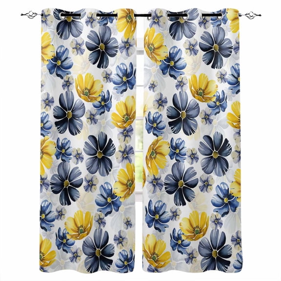 Fsddascl Blue Yellow Flower Blackout Curtains for Bedroom/Living Room, Thermal Insulated Kitchen Curtains, Retro Country French Daisy Floral Grommet Darkening Window Treatment Drapes 42"x63"x2