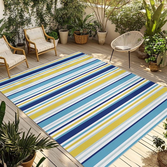 Fsddascl Blue Yellow Striped Outdoor Rug for Patio/Deck/Porch, Non-Slip Large Area Rug 6 x 9 Ft, Farmhouse Navy Blue Ombre Stripes Indoor Outdoor Rugs Washable Area Rugs, Camping Rug Carpet