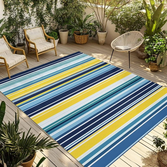 Fsddascl Blue Yellow Teal Stripes Outdoor Rug for Patio/Deck/Porch, Non-Slip Large Area Rug 4 x 6 Ft, Boho Colorful Ombre Texture Indoor Outdoor Rugs Washable Area Rugs, Camping Rug Carpet