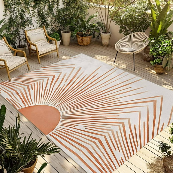 Fsddascl Boho Abstract Sun Outdoor Rug for Patio/Deck/Porch, Non-Slip Large Area Rug 4 x 6 Ft, Modern Beige Sun Light Lines Indoor Outdoor Rugs Washable Area Rugs, Reversible Camping Rug Carpet