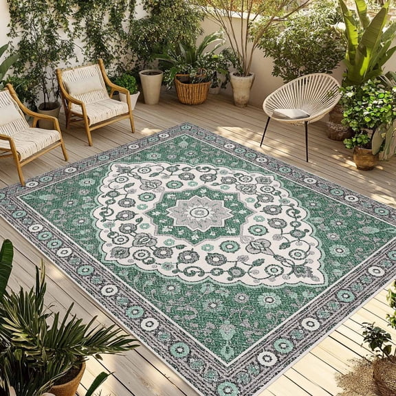 Fsddascl Boho Aztec Outdoor Rug for Patio/Deck/Porch, Non-Slip Large Area Rug 5 x 8 Ft, Green Gray Southwest Ethnic Abstract Pattern Indoor Outdoor Rugs Washable Area Rugs, Camping Rug Carpet Runner