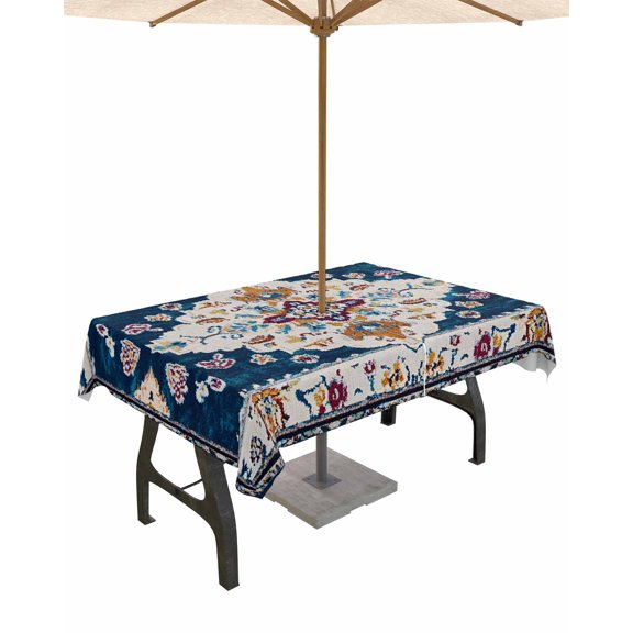 Fsddascl Boho Blue Flower Outdoor Tablecloth - 52x70 Inch Rectangle Dining Table Cover, Rustic Oriental Farmhouse Mexican Aztec Waterproof Outdoor Table Cloth with Umbrella Hole & Zipper for Patio