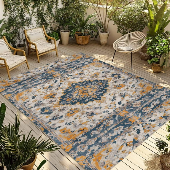 Fsddascl Boho Chic Ethnic Outdoor Rug for Patio/Deck/Porch, Non-Slip Large Area Rug 4 x 6 Ft, Orange Blue Vintage Tribes Indoor Outdoor Rugs Washable Area Rugs, Reversible Camping Rug Carpet Runner