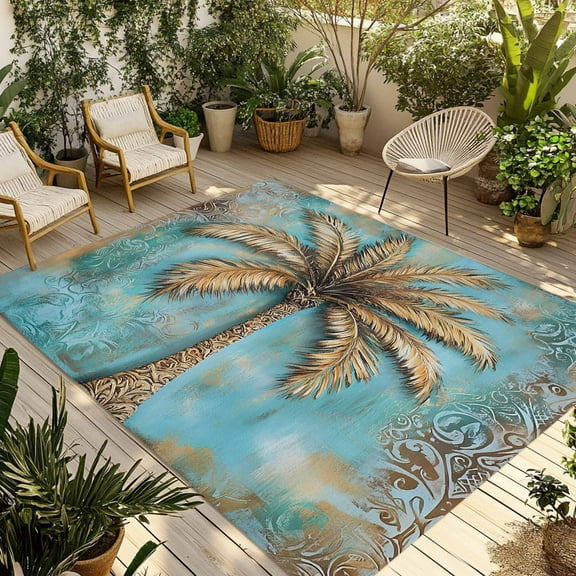 Fsddascl Boho Coastal Beach Outdoor Rug for Patio/Deck/Porch, Non-Slip Large Area Rug 4 x 6 Ft, Tropical Coconut Tree Teal Green Indoor Outdoor Rugs Washable Area Rugs, Reversible Camping Rug Carpet
