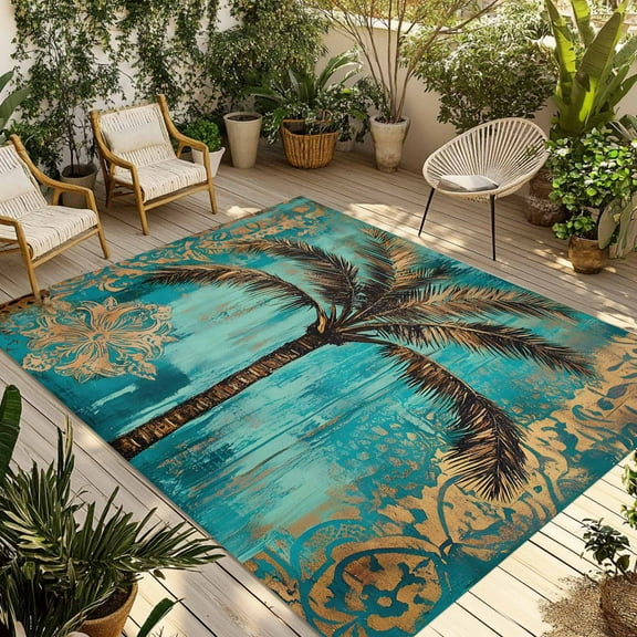Fsddascl Boho Coastal Beach Outdoor Rug for Patio/Deck/Porch, Non-Slip Large Area Rug 5 x 8 Ft, Summer Ocean Tropical Tree Flower Indoor Outdoor Rugs Washable Area Rugs, Camping Rug Carpet
