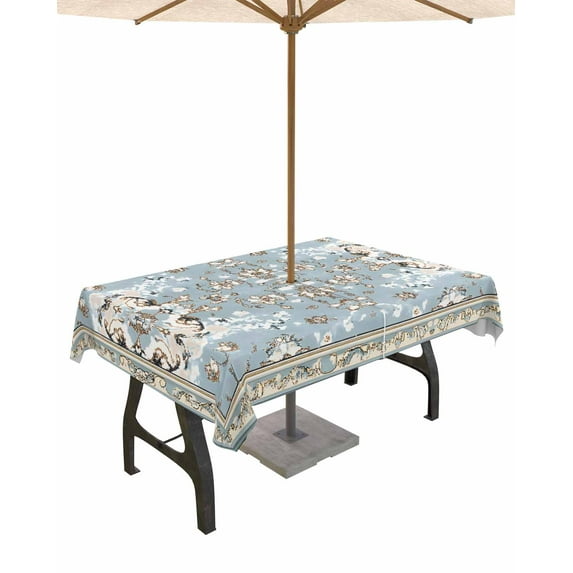 Fsddascl Boho Ethnic Outdoor Tablecloth - 60x84 Inch Rectangle Dining Table Cover, Blue Farmhouse Abstract Geometric Motifs Waterproof Outdoor Table Cloth with Umbrella Hole & Zipper for Patio