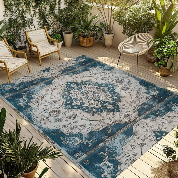Fsddascl Boho Flower Blue Gray Outdoor Rug for Patio/Deck/Porch, Non-Slip Large Area Rug 5 x 8 Ft, Retro National Floral Textured Indoor Outdoor Rugs Washable Area Rugs, Camping Rug Carpet