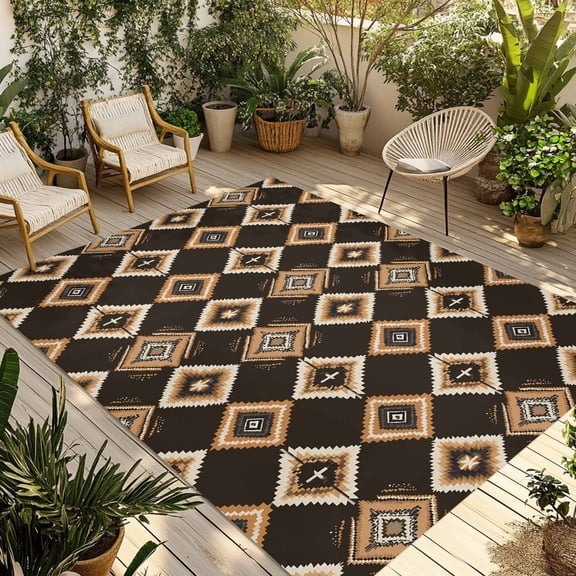Fsddascl Boho Geometric Outdoor Rug for Patio/Deck/Porch, Non-Slip Large Area Rug 4 x 6 Ft, Southwestern Vintage Ethnic Tribal Indoor Outdoor Rugs Washable Area Rugs, Reversible Camping Rug Carpet