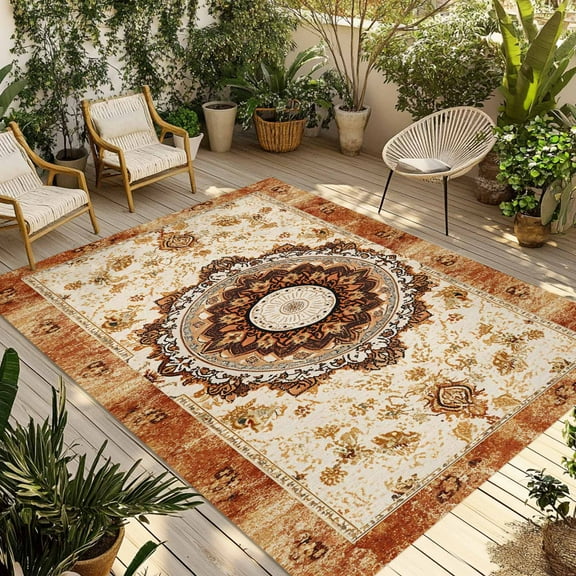 Fsddascl Boho Leaf Outdoor Rug for Patio/Deck/Porch, Non-Slip Large Area Rug 4 x 6 Ft, Orange Rustic Tribal Patterns Ethnic Bohemian Indoor Outdoor Rugs Washable Area Rugs, Camping Rug Carpet
