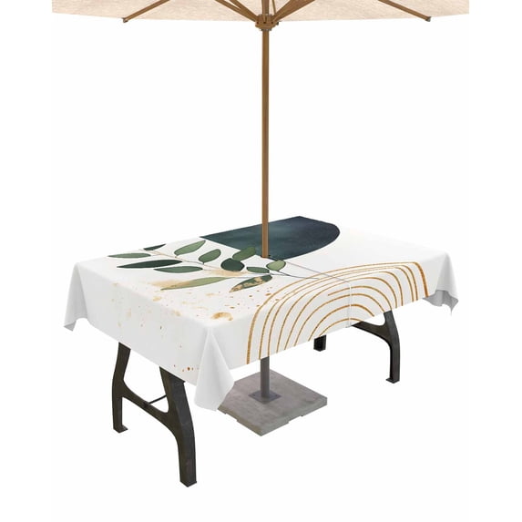 Fsddascl Boho Leaves Outdoor Tablecloth - 60x120 Inch Rectangle Dining Table Cover, Modern Abstract Geometric Stripe Waterproof Outdoor Table Cloth with Umbrella Hole & Zipper for Picnic/Patio/Party