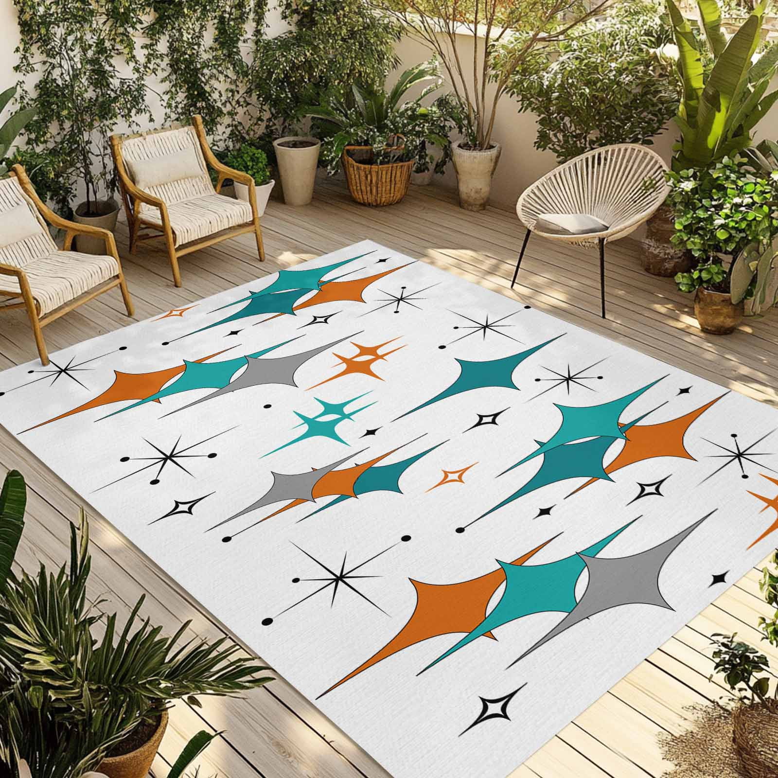 Fsddascl Boho Middle Century Outdoor Rug for Patio/Deck/Porch, Non-Slip Large Area Rug 4 x 6 Ft, Retro Orange Teal Grey Star Rhombus Indoor Outdoor Rugs Washable Area Rugs, Camping Rug Carpet
