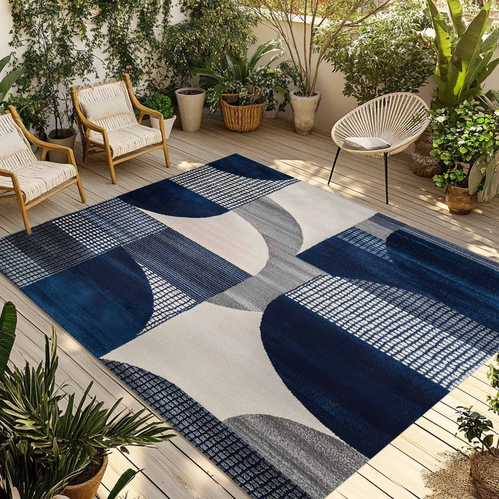 Fsddascl Boho Navy Blue Outdoor Rug for Patio/Deck/Porch, Non-Slip Large Area Rug 4 x 6 Ft, Modern Geometric Abstract Art Indoor Outdoor Rugs Washable Area Rugs, Reversible Camping Rug Carpet Runner