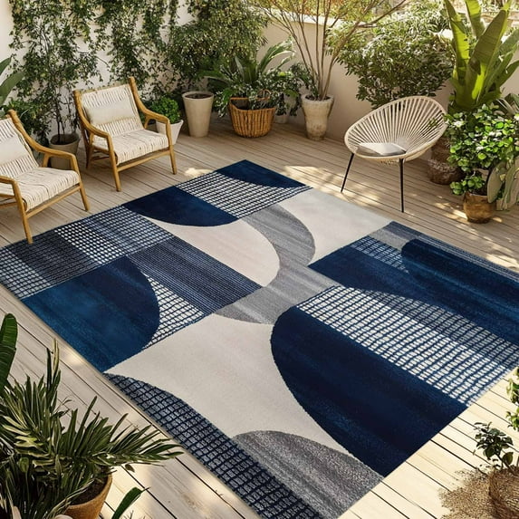 Fsddascl Boho Navy Blue Outdoor Rug for Patio/Deck/Porch, Non-Slip Large Area Rug 4 x 6 Ft, Modern Geometric Abstract Art Indoor Outdoor Rugs Washable Area Rugs, Reversible Camping Rug Carpet Runner