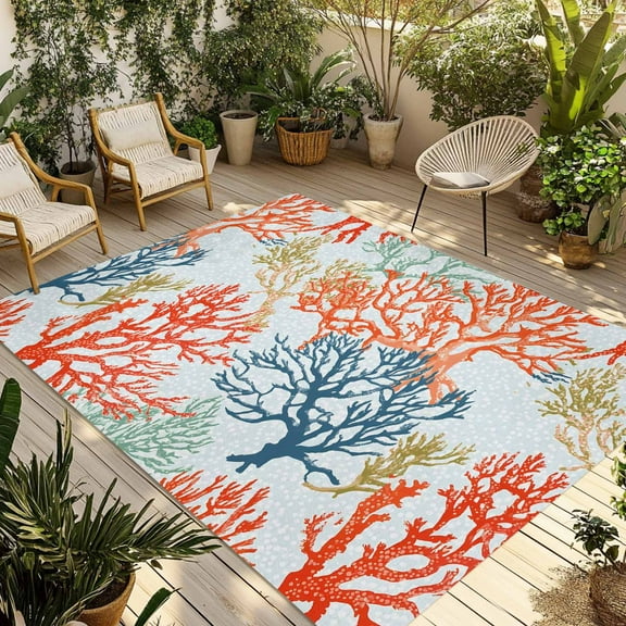 Fsddascl Boho Ocean Coral Outdoor Rug for Patio/Deck/Porch, Non-Slip Large Area Rug 4 x 6 Ft, Orange Blue Ombre Green Polka Dots Indoor Outdoor Rugs Washable Area Rugs, Reversible Camping Rug Carpet