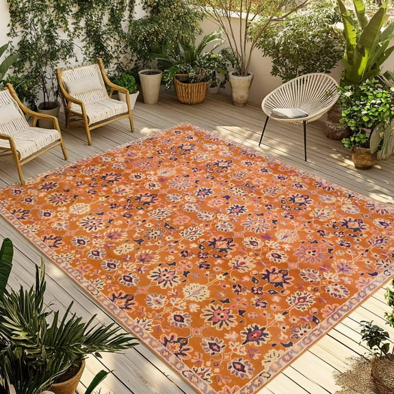 Fsddascl Boho Orange Outdoor Rug for Patio/Deck/Porch, Non-Slip Large Area Rug 5 x 8 Ft, Country Style Bohemian Floral Retro Tribal Indoor Outdoor Rugs Washable Area Rugs, Camping Rug Carpet
