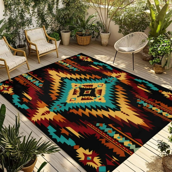 Fsddascl Boho Orange Teal Outdoor Rug for Patio/Deck, Non-Slip Large Area Rug 4 x 6 Ft, Southwestern Ethnic Abstract Geometric Indoor Outdoor Rugs Washable Area Rugs, Reversible Camping Rug Carpet