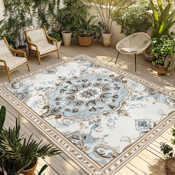 Fsddascl Boho Outdoor Rug for Patio/Deck/Porch, Non-Slip Large Area Rug 5 x 8 Ft, Ethnic Aztec Southwest Neutral Aesthetic Motifs Indoor Outdoor Rugs Washable Area Rugs, Camping Rug Carpet