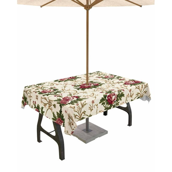 Fsddascl Boho Pink Red Floral Outdoor Tablecloth - 60x120 Inch Rectangle Dining Table Cover, Farmhouse Vintage Flower Green Leaf Waterproof Outdoor Table Cloth with Umbrella Hole & Zipper for Patio