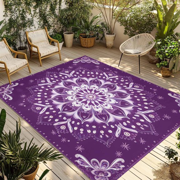 Fsddascl Boho Purple Flowers Outdoor Rug for Patio/Deck/Porch, Non-Slip Large Area Rug 5 x 8 Ft, Abstract Vintage Ethnic Floral Indoor Outdoor Rugs Washable Area Rugs, Reversible Camping Rug Carpet