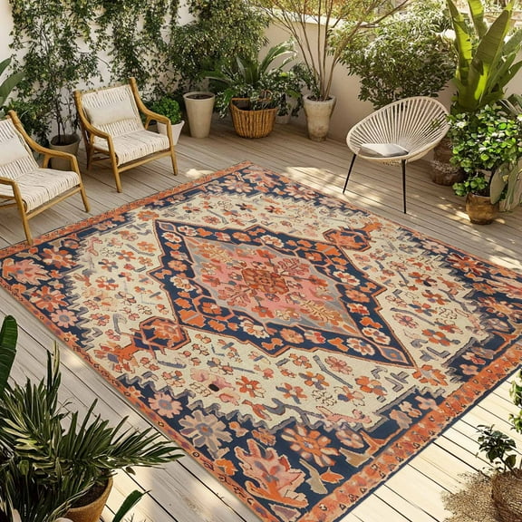 Fsddascl Boho Southwest Outdoor Rug for Patio/Deck/Porch, Non-Slip Large Area Rug 5 x 8 Ft, Retro Farmhouse Aztec Tribal Geometric Indoor Outdoor Rugs Washable Area Rugs, Camping Rug Carpet