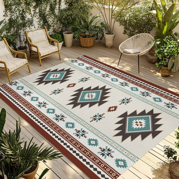 Fsddascl Boho Southwest Outdoor Rug for Patio/Deck/Porch, Non-Slip Large Area Rug 6 x 9 Ft, Bohemian Country Geometric Motifs Indoor Outdoor Rugs Washable Area Rugs, Reversible Camping Rug Carpet