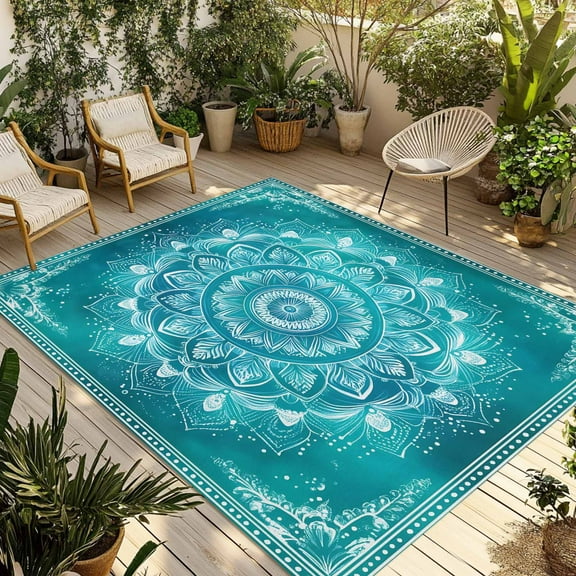 Fsddascl Boho Turquoise Flowers Outdoor Rug for Patio/Deck/Porch, Non-Slip Large Area Rug 4 x 6 Ft, Abstract Vintage Ethnic Floral Indoor Outdoor Rugs Washable Area Rugs, Camping Rug Carpet