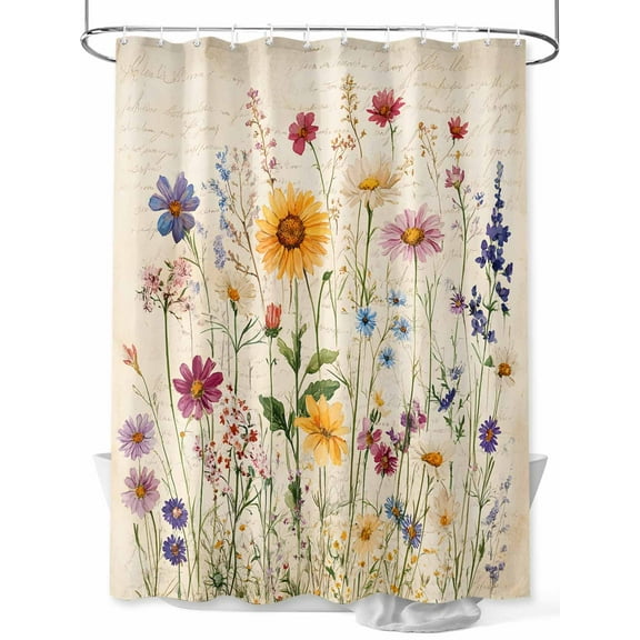 Fsddascl Botanical Floral Shower Curtain Set - 36" x 78" Washable Bathtub Curtain with 12 Hooks, Retro Purple Pink Yellow Wildflowers Waterproof Fabric Stall Shower Curtains for Bathroom/Bathtub