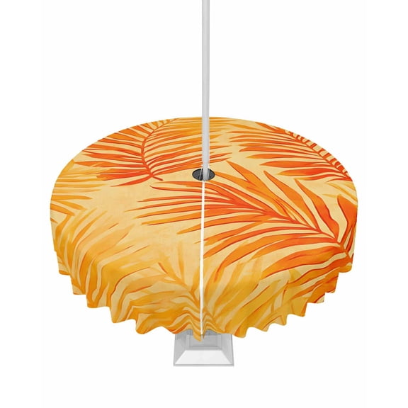 Fsddascl Botanical Orange Outdoor Tablecloth - 60 Inch Round Dining Table Cover, Modernism Tropical Palm Leaf Waterproof Outdoor Table Cloth with Umbrella Hole & Zipper for Picnic/Patio/Party