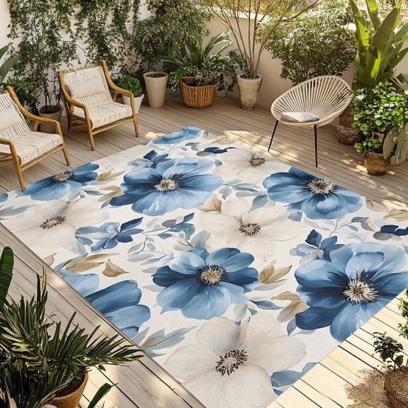 Fsddascl Botanicals Flower Outdoor Rug for Patio/Deck/Porch, Non-Slip Large Area Rug 5 x 8 Ft, Watercolor Blue Plant Eucalyptus Indoor Outdoor Rugs Washable Area Rugs, Reversible Camping Rug Carpet