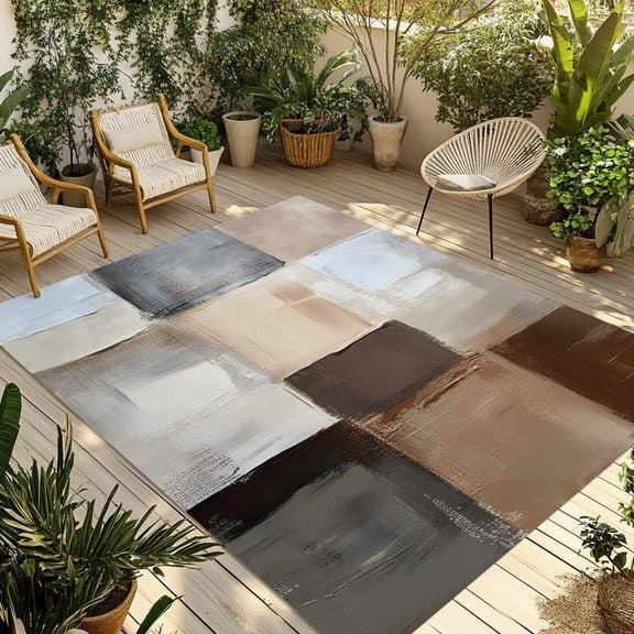 Fsddascl Brown Beige Color Blocks Outdoor Rug for Patio/Deck/Porch, Non-Slip Large Area Rug 4 x 6 Ft, Abstract Oil Painting Art Indoor Outdoor Rugs Washable Area Rugs, Reversible Camping Rug Carpet