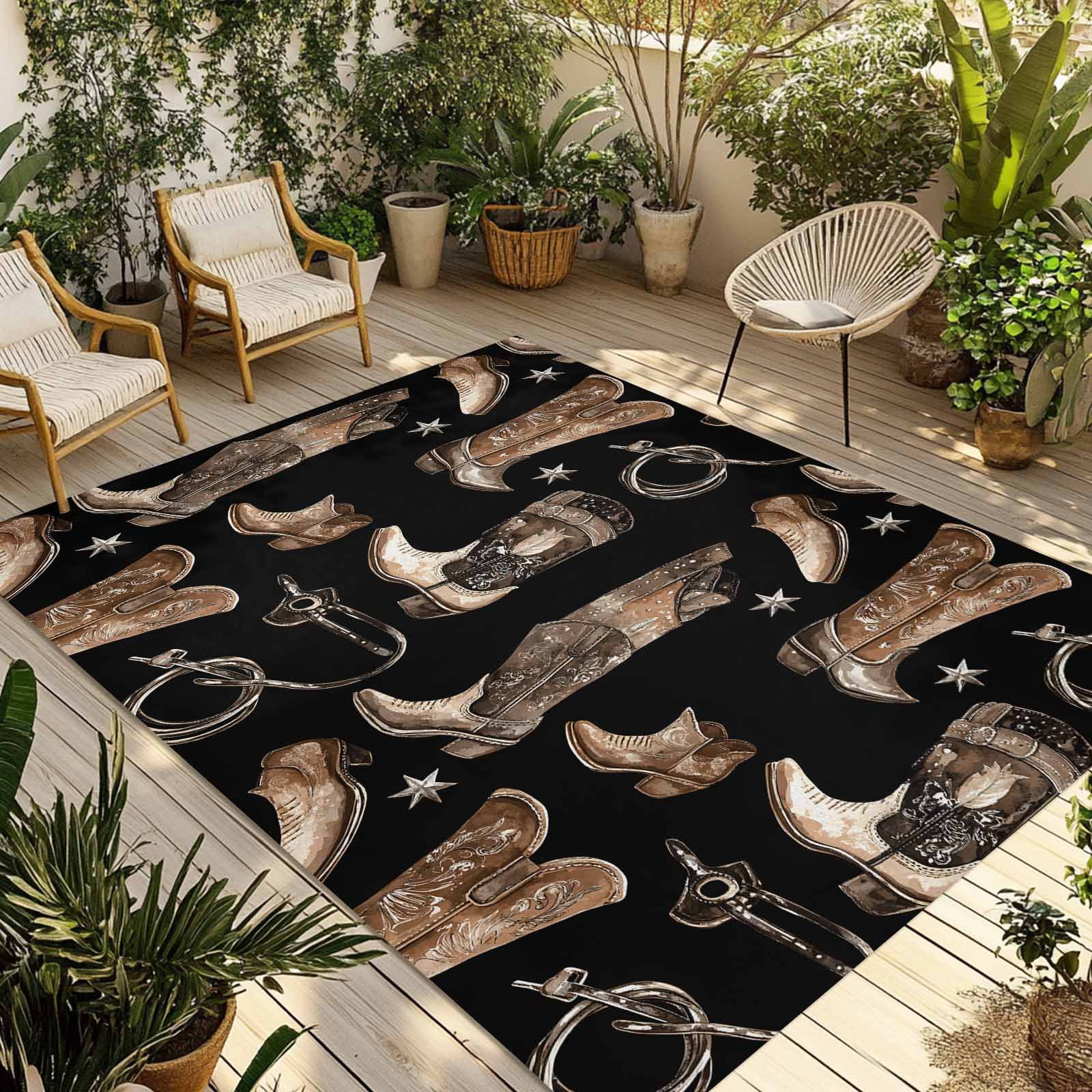 Fsddascl Brown Black Cowboy Outdoor Rug for Patio/Deck/Porch, Non-Slip ...