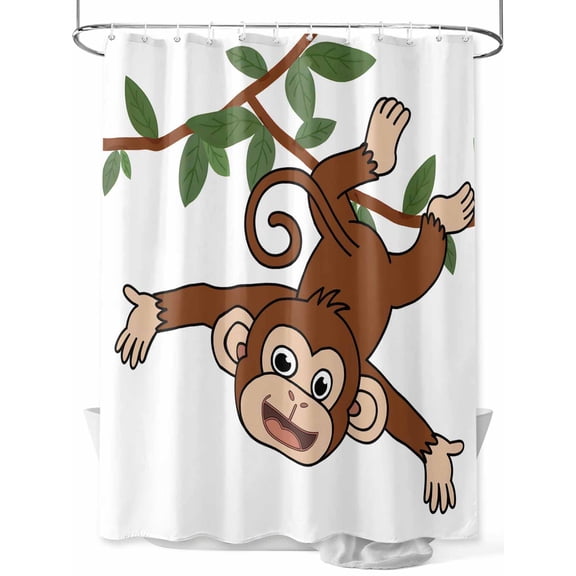 Fsddascl Brown Cute Monkey Shower Curtain Set - Standard 72" x 72" Washable Bathtub Curtain with 12 Hooks, Playing Funny Animal on Branch Waterproof Fabric Stall Shower Curtains for Bathroom/Bathtub